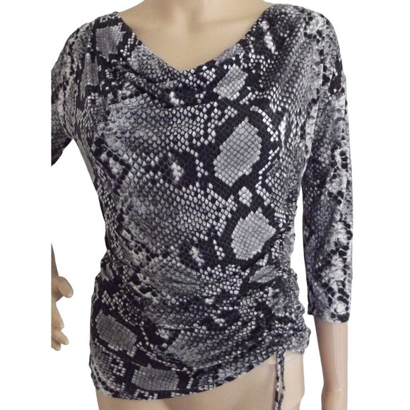 Michael Kors Shirt Sz Small gray black snakeskin stretch asymmetrical hem ruched - Picture 1 of 11